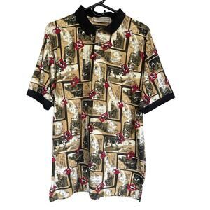 Vintage John Ashford Golf Polo Shirt Medium Cotton Postcard Novelty Print 90s